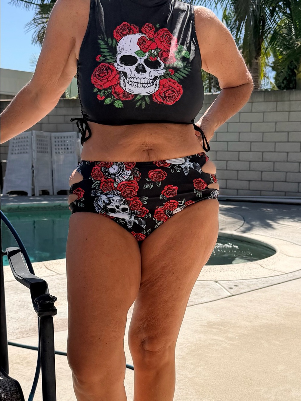 Black Skull & Red Rose High-Waist Bikini Set